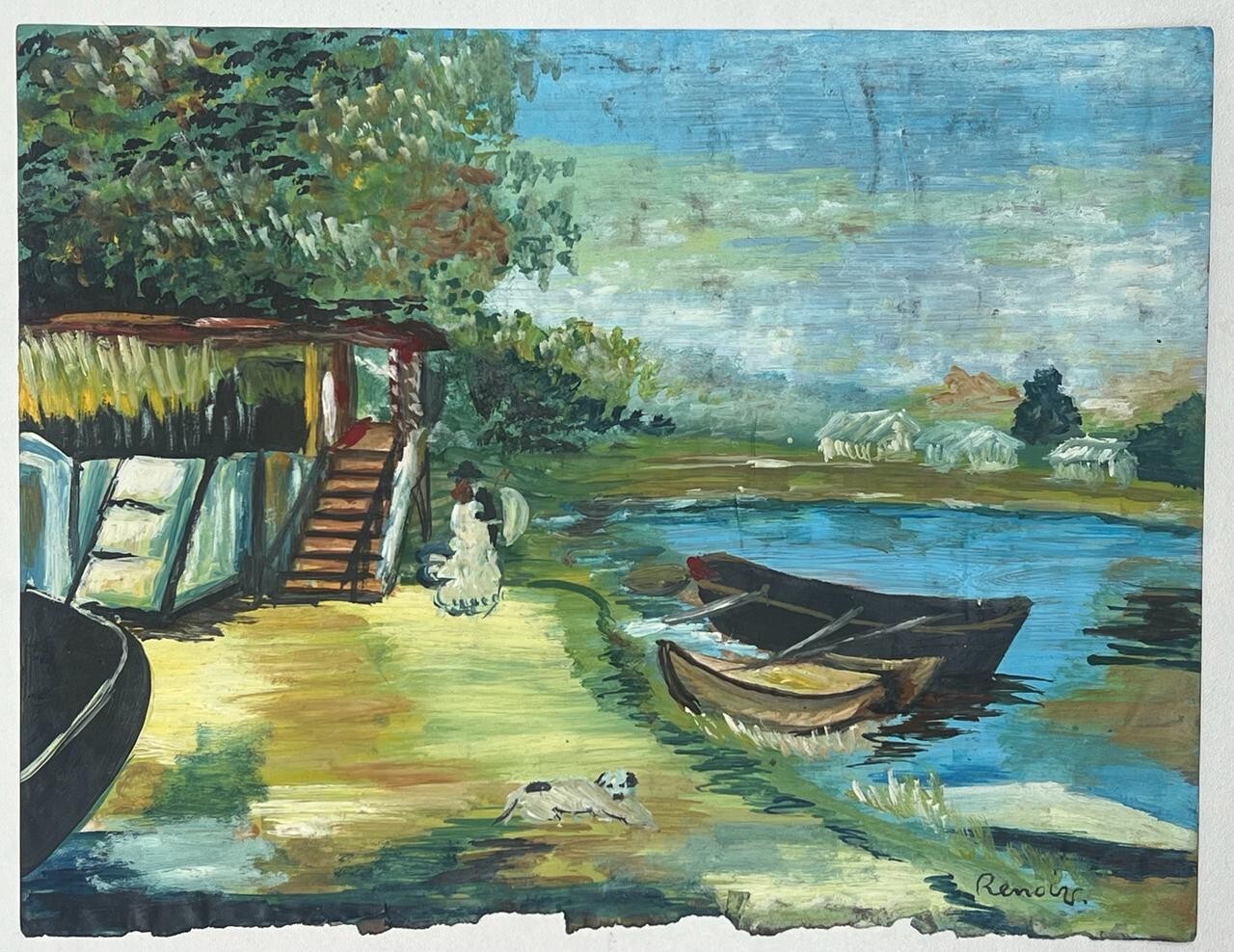 Pierre-Auguste Renoir (Handmade) Oil Drawing On old Paper Stamped Vtg Art
