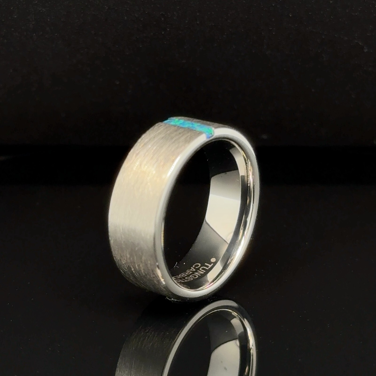 8mm Tungsten Carbide Ring Brushed Silver Blue Opal Inlay Scratch-Proof Band