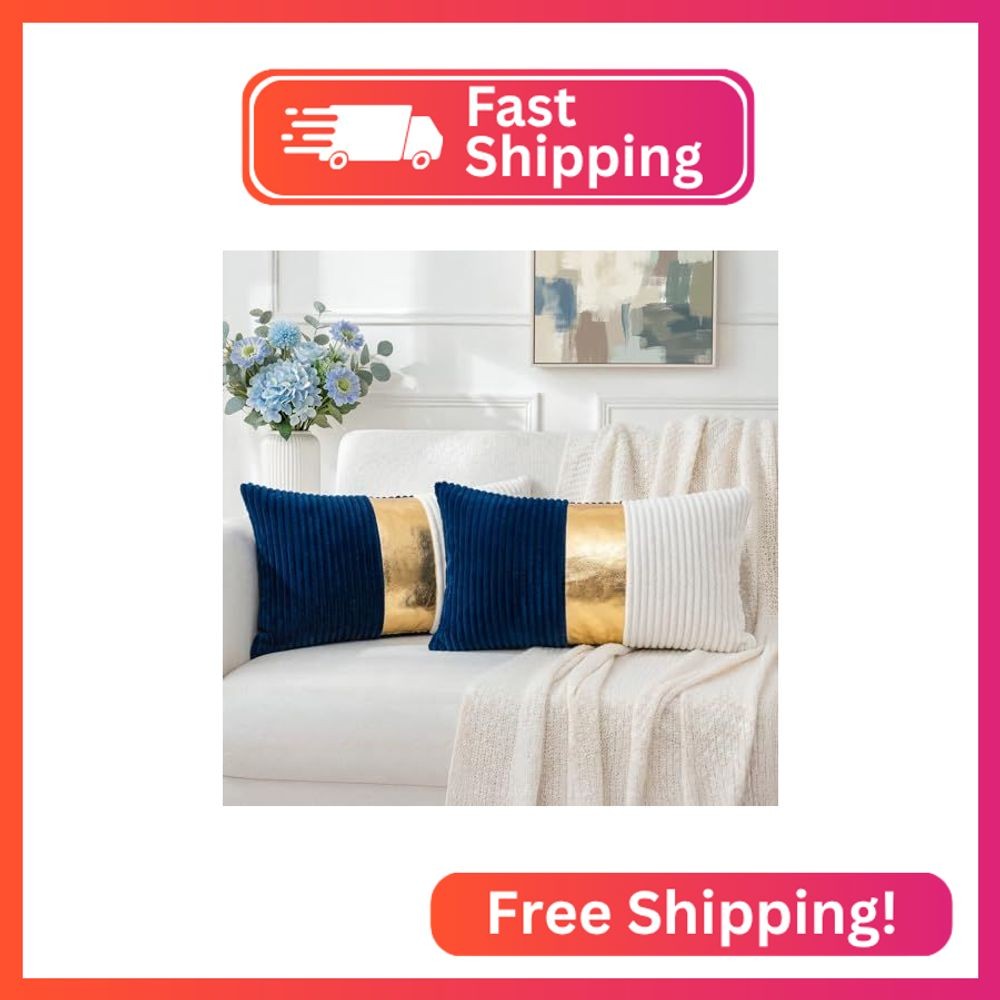 Auomily Navy Blue and Cream White Boho Striped Corduroy Throw Pillow Covers with