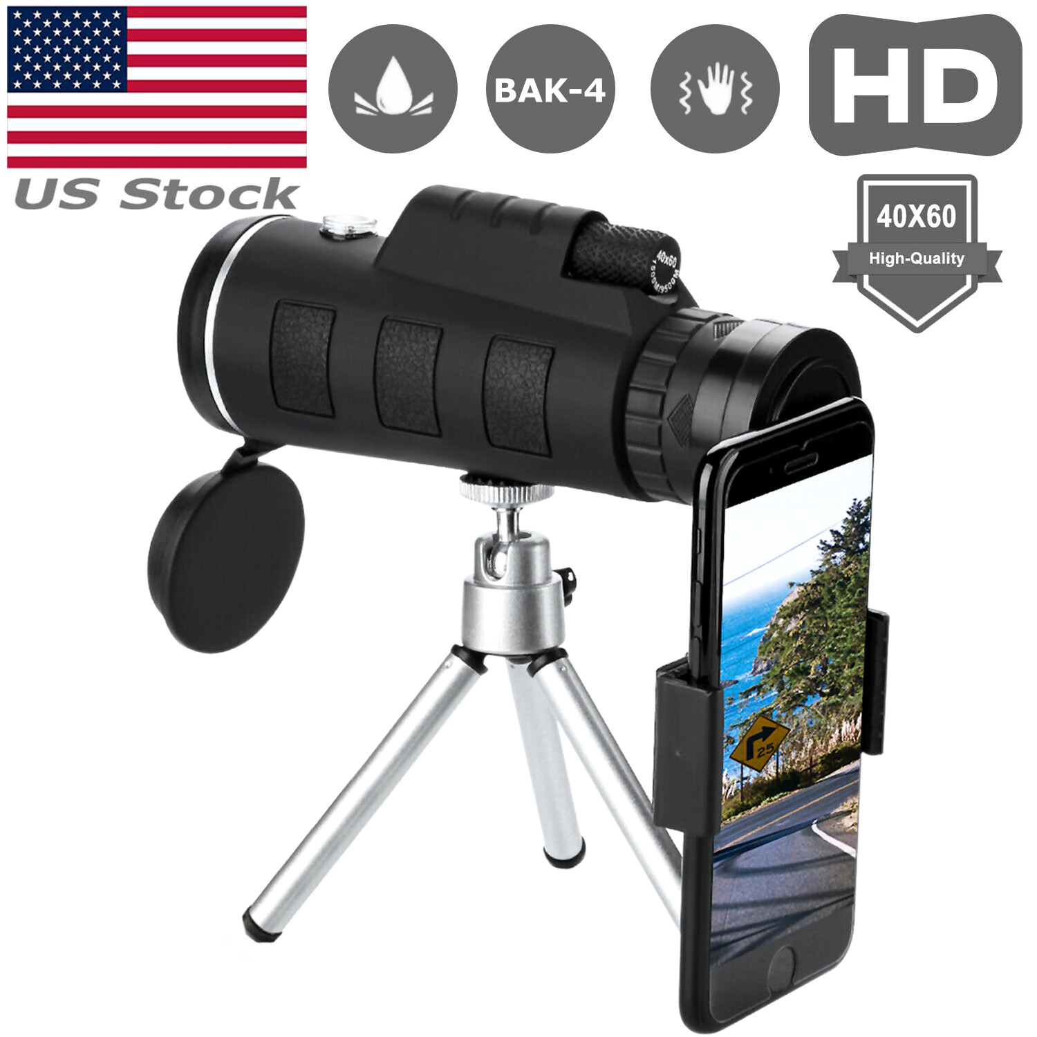 40X60 HD Monocular Telescope + Phone Clip + Tripod Night Vision Outdoor Hiking