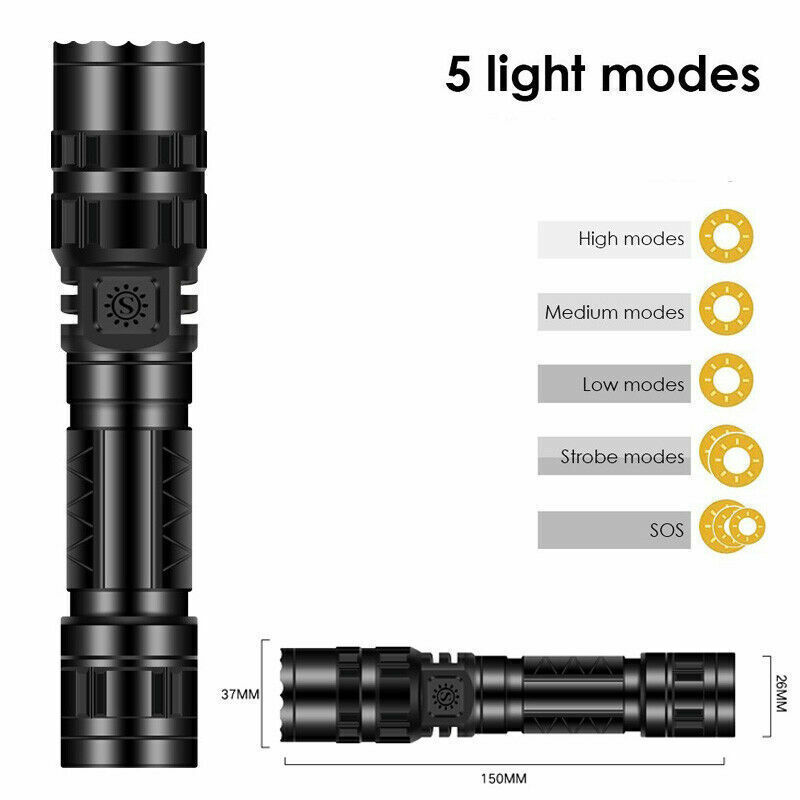 Zoomable LED Tactical Flashlight, High Lumen Rechargeable Waterproof Torch Work