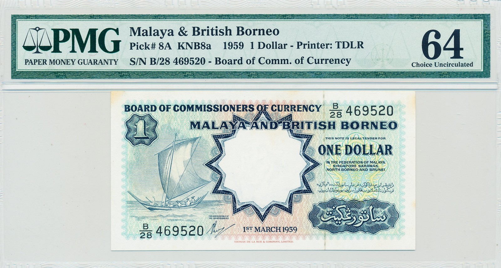 Board of Comm. of Currency Malaya & British Borneo $1 1959  PMG  64