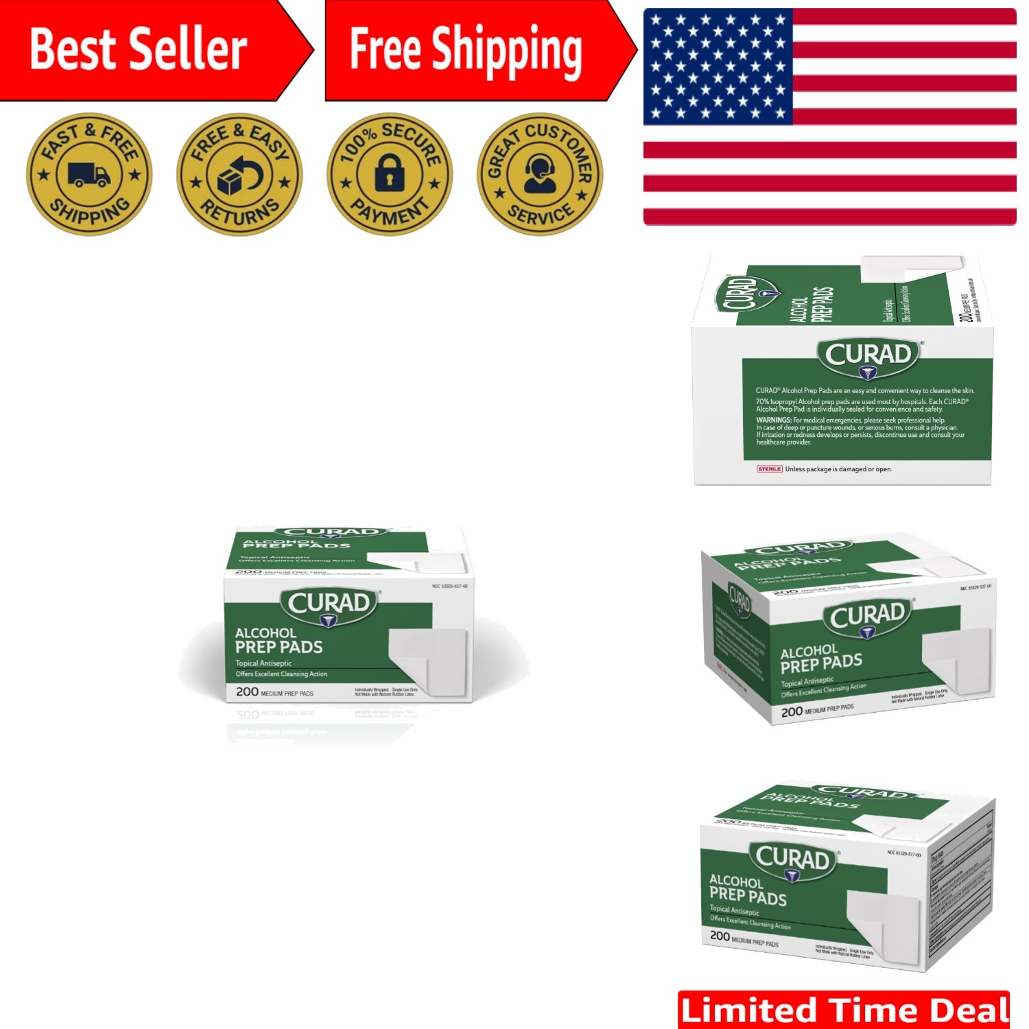 Individually Sealed Alcohol Disinfectant Prep Pads, 200 Count - Medium Size