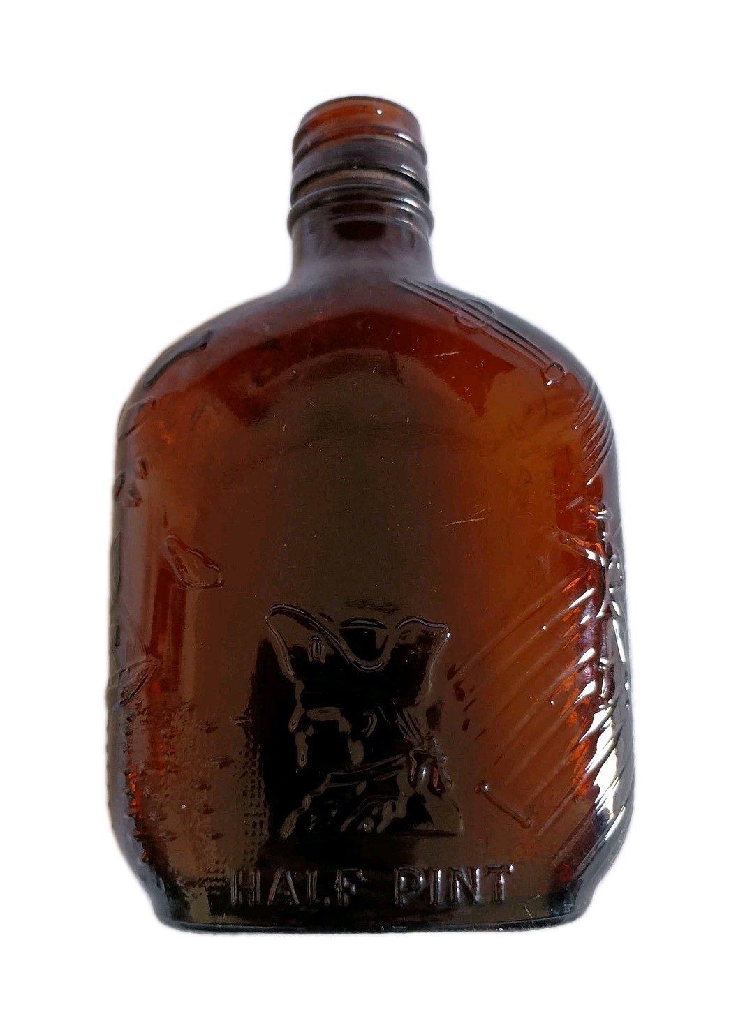 1950's Whiskey Amber Bottle 1/2 Pint Glass Whisky Flask, Patriot & Schooners 6"