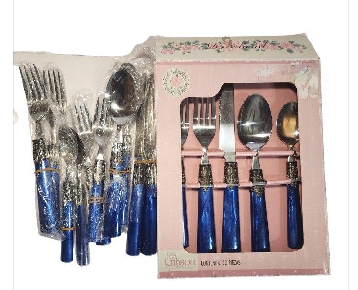 Vtg NIB Gibson Roseland Blue Stainless Flatware 15 Piece Set Service For 3 New