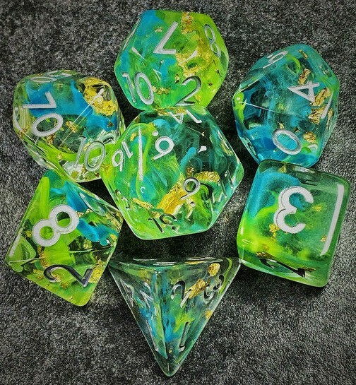 Sage’s Cantrips - Grn/Blu Swirl Gold Flakes  Resin Polyhedral Dice Set DnD Game