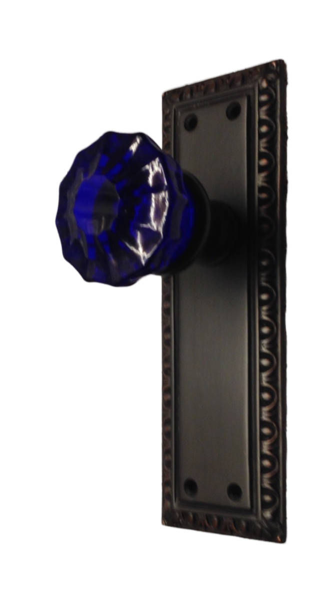 Cobalt Blue Glass Knob on Tall Backplate-Dummy Mount - Oil Rubbed Bronze