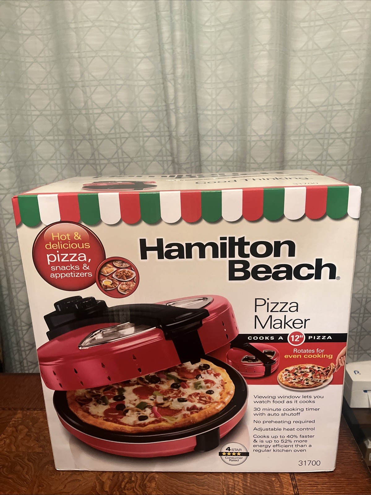 Hamilton Beach 31700 Enclosed Electric Rotating 12in Pizza Oven Maker Red New