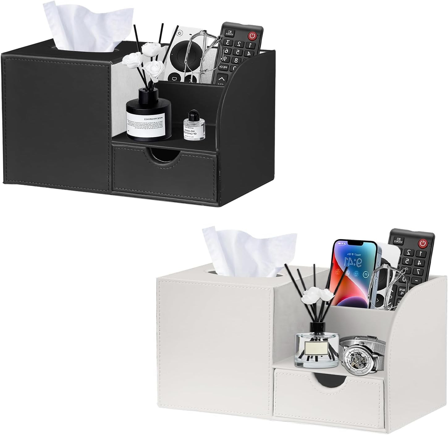 1*Leather Nightstand Organizer with Tissue Holder + 1*Leather Nightstand Organiz
