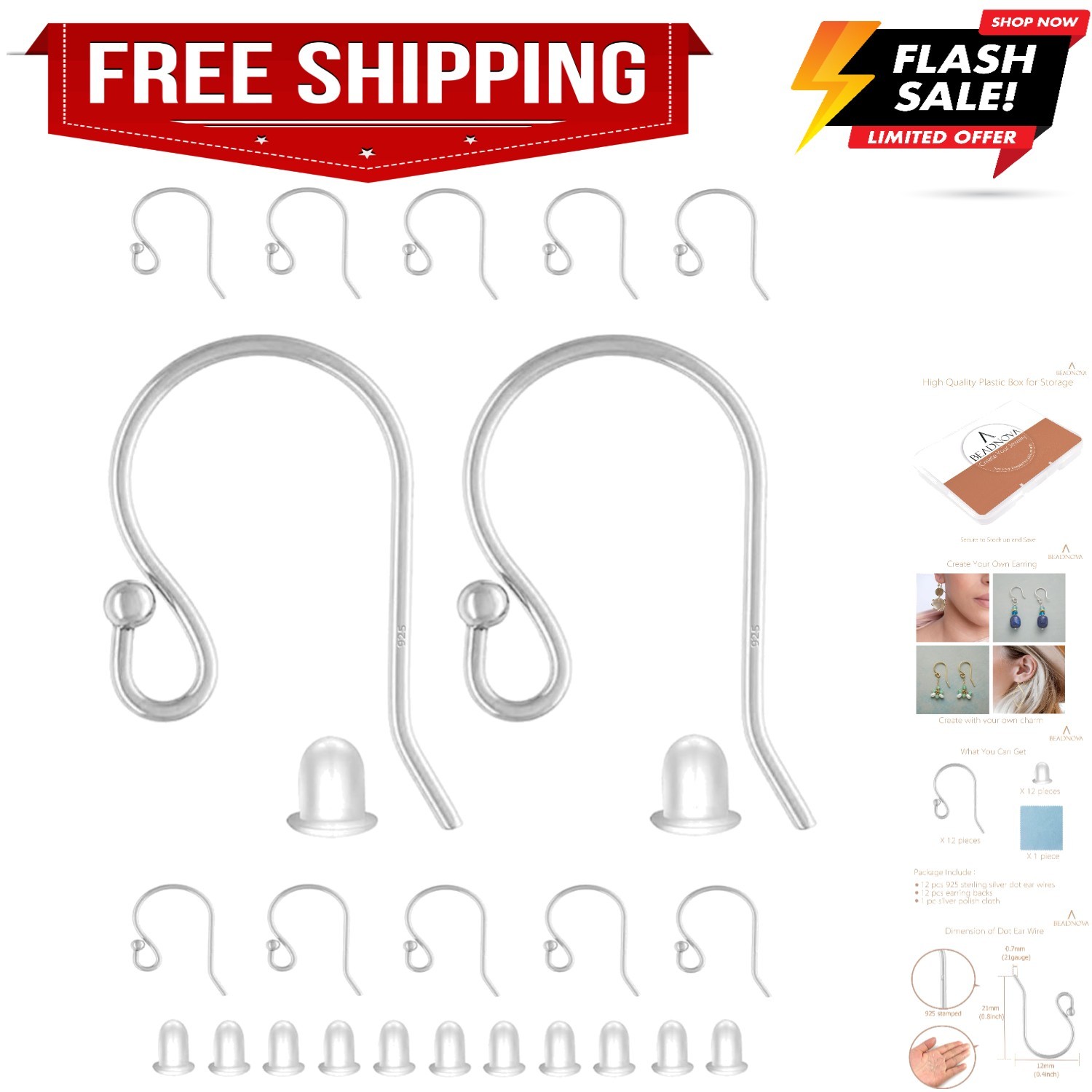 Earring Hooks 925 Sterling Silver Ball Dot Ear Wire with Rubber Backs Earwire...
