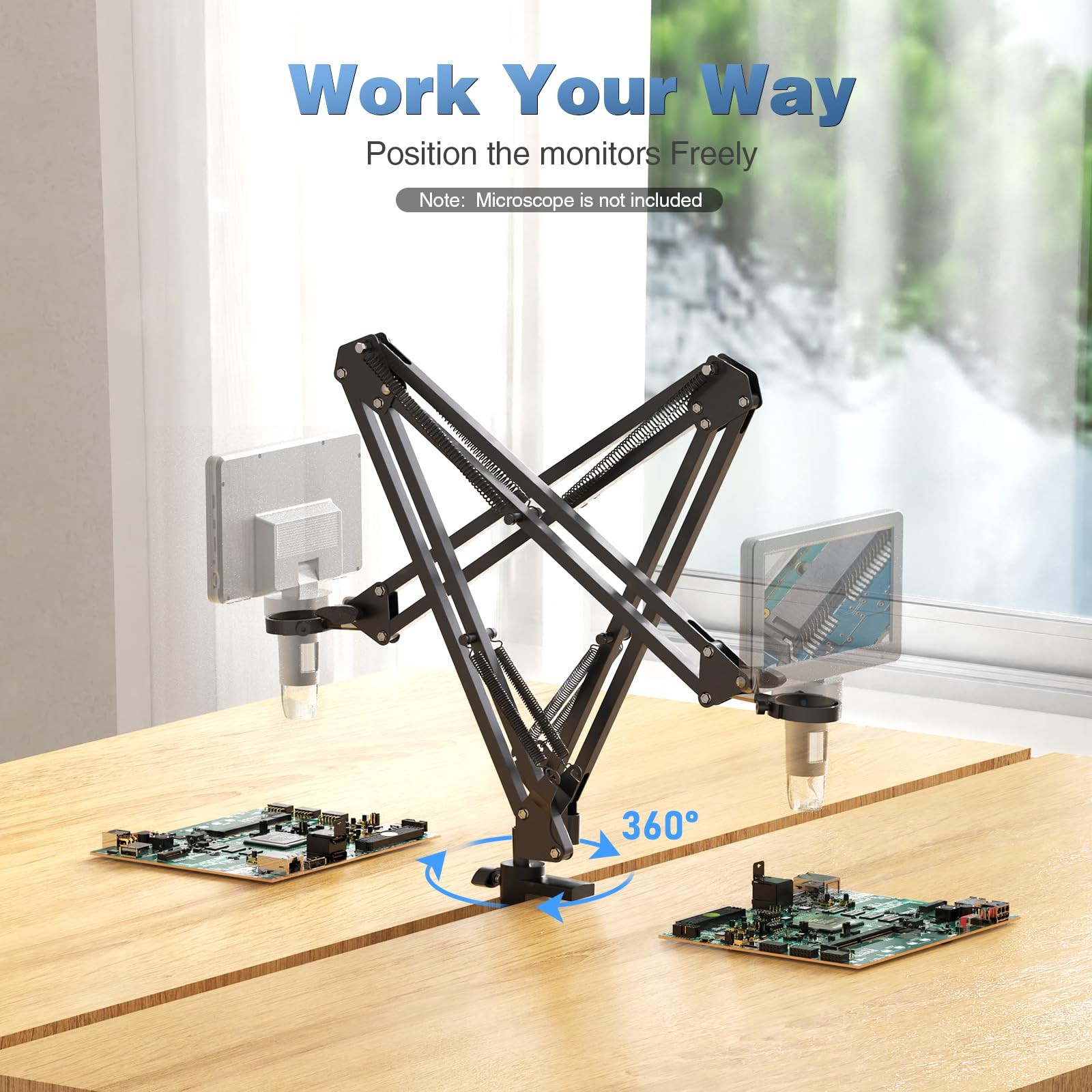 Microscope Arm Stand，Adjustable Metal Bracket with Clamp and Grommet Base，Coi...