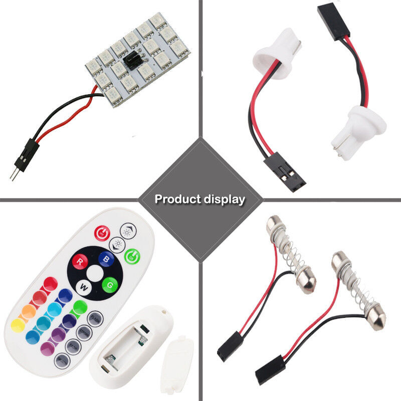2x RGB LED Bulbs Panel 15-SMD 5050 8 Color Remote Dome Light Map License Plate