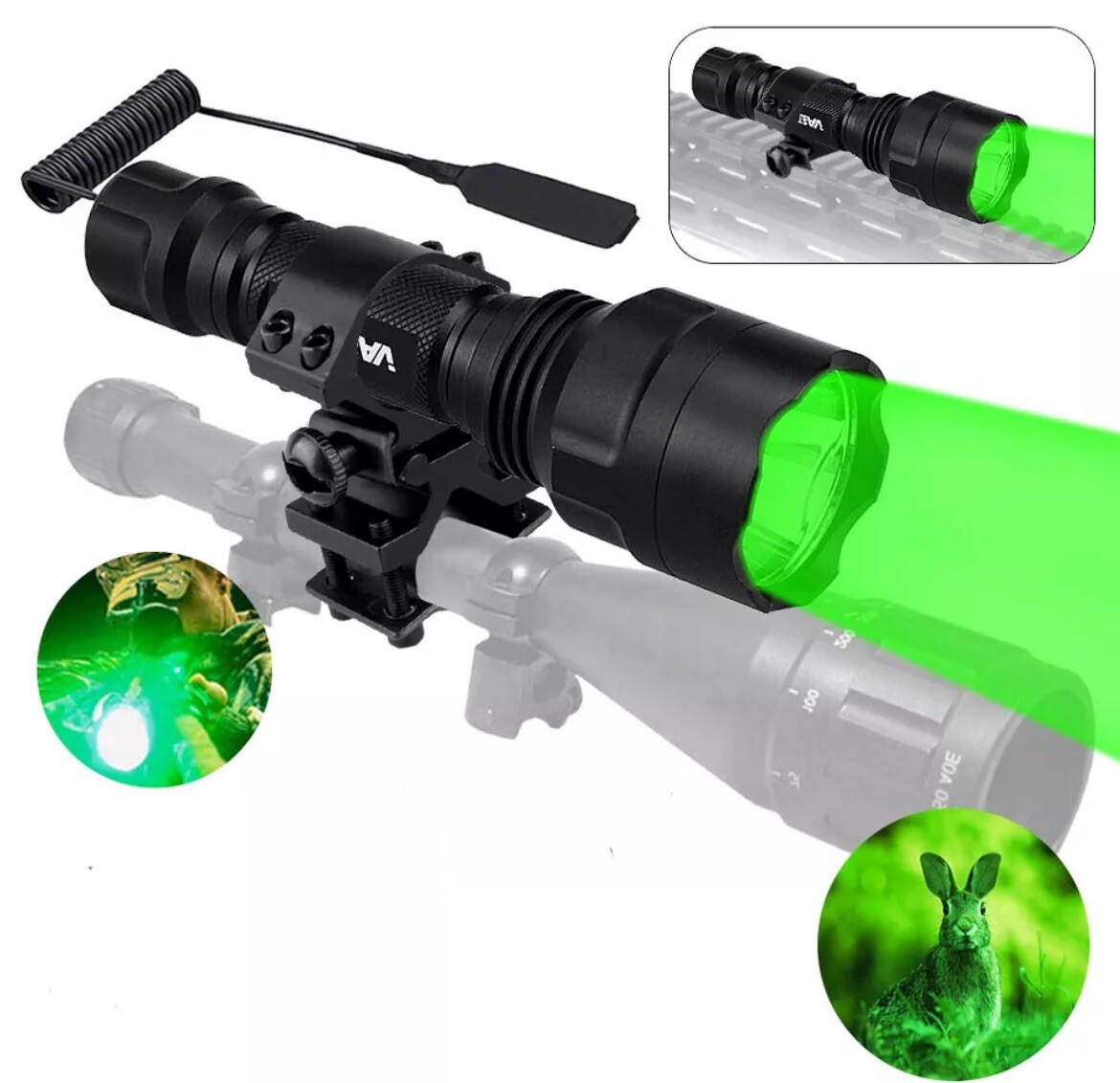 Hunting Green LED Light Torch Coyote Hog Varmint Predator Flashlight Scope Mount