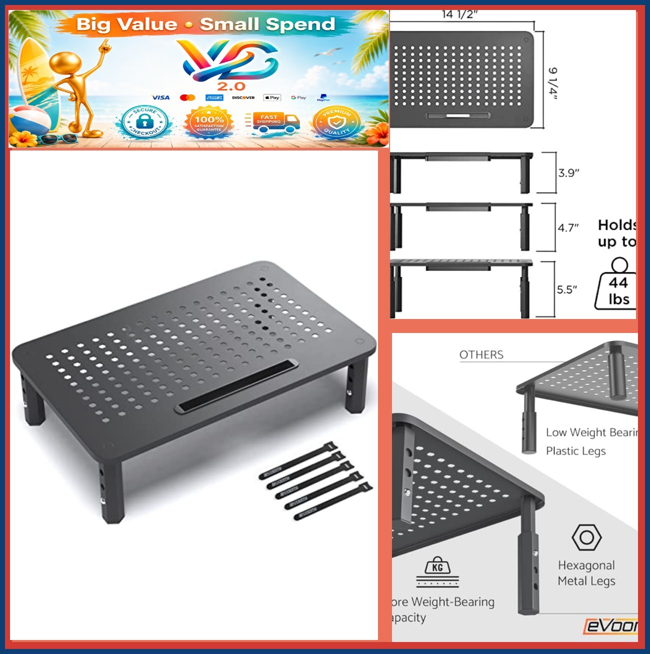 Monitor Stand Riser Heavy Duty HD Steel Adjustable Height Anti-Skid