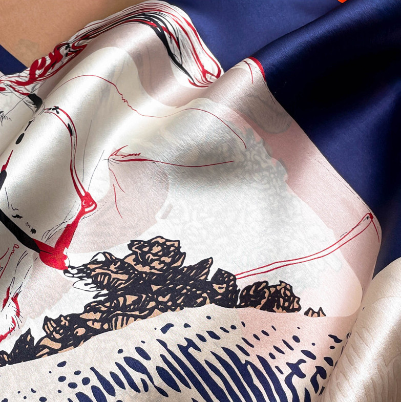 100% Silk Scarf Women Vintage war-horse Print Neckerchief Bandana 90*90cm NEW