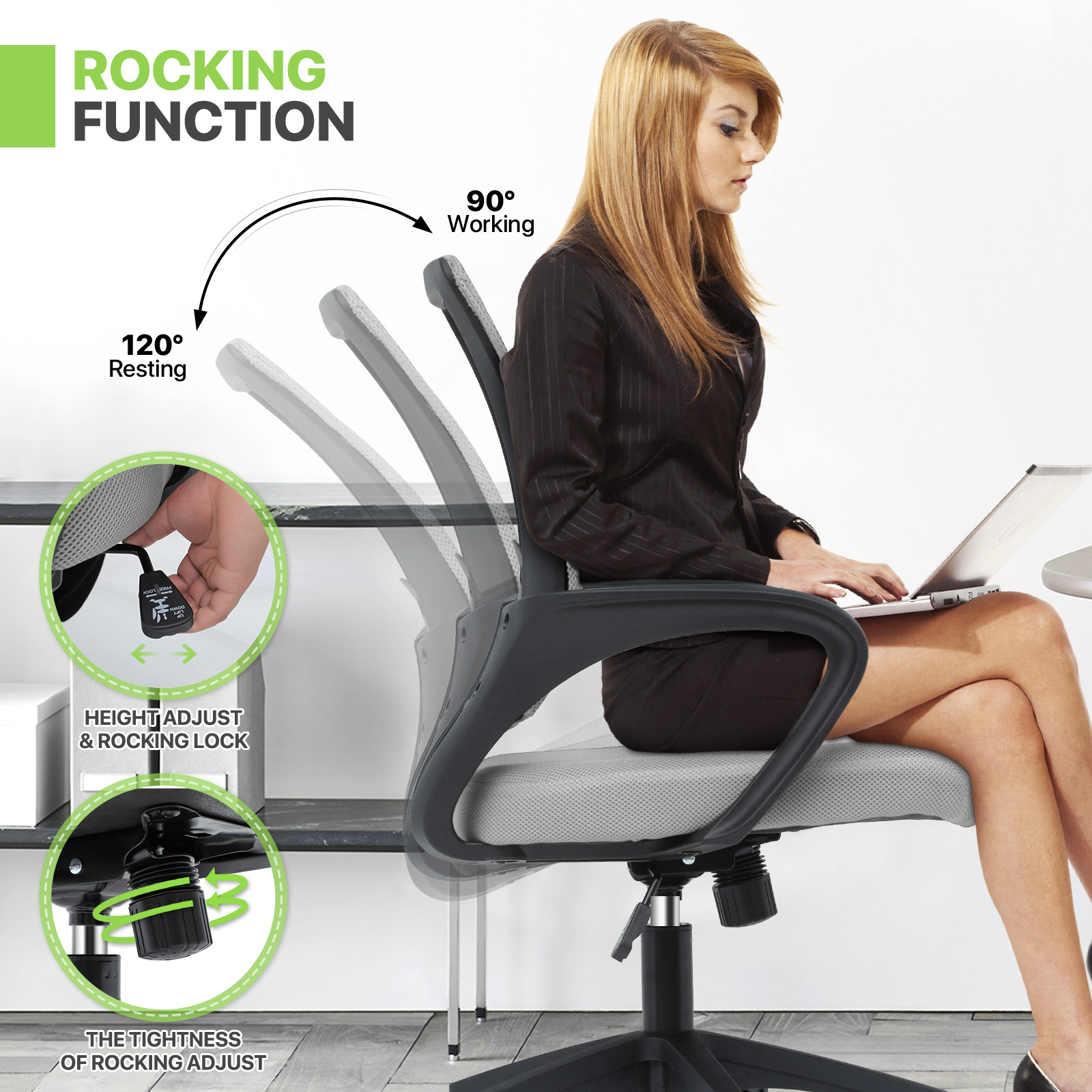 Pair Adjustable Height Computer Home Office Ergonomic Desk Mesh Chair Light Grey