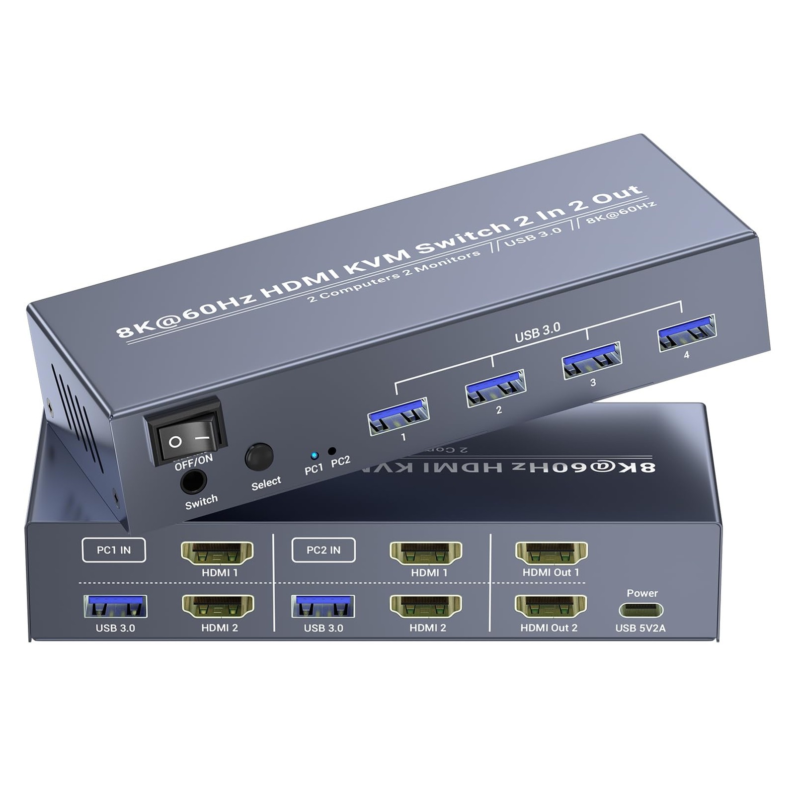 8K60Hz 4K120Hz HDMI KVM Switch 2 Monitors 2 Computers, USB 3.0 Dual Monitor H...