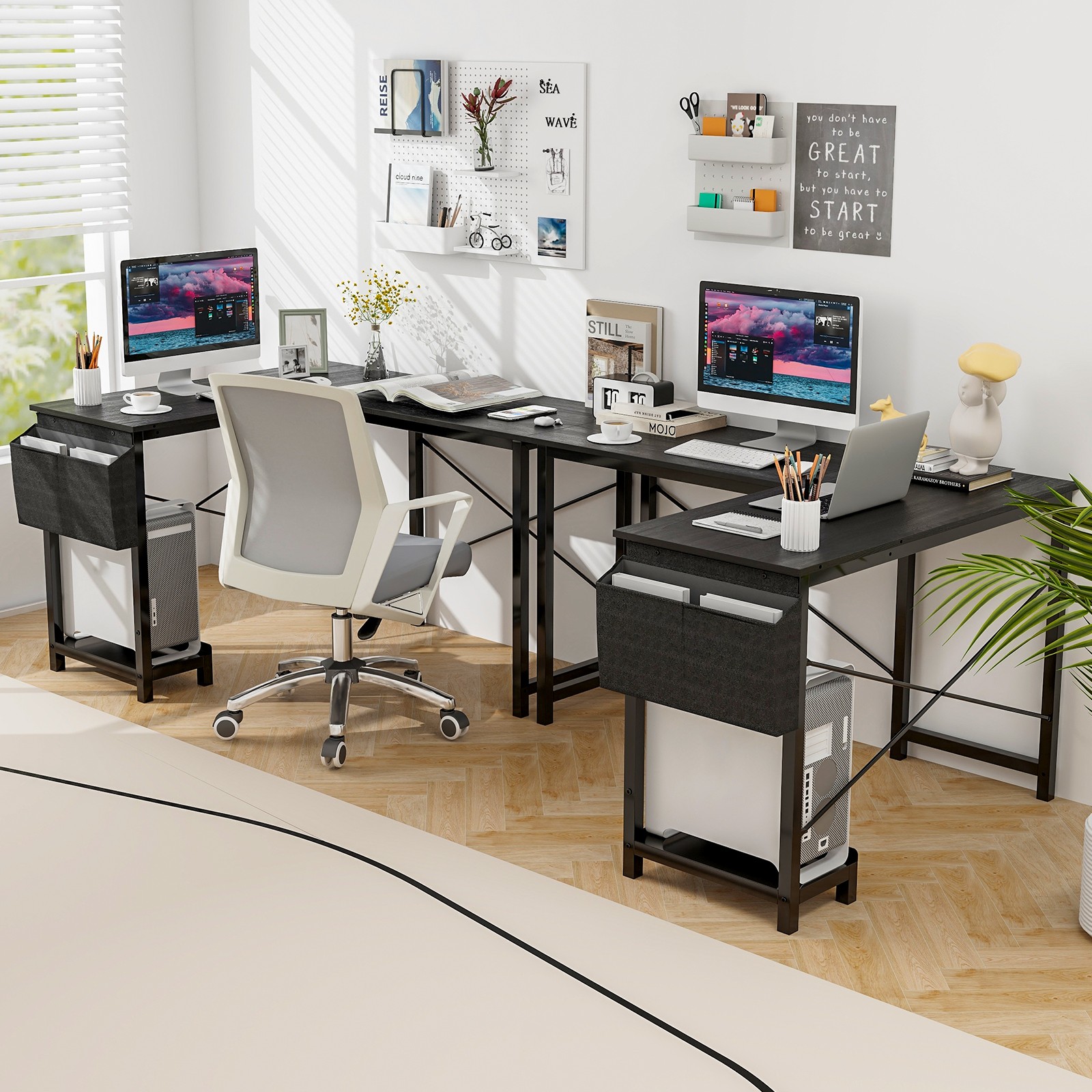 L-shaped Office Desk Corner Gaming Table w/ Storage Pocket & CPU Stand Dark Gray