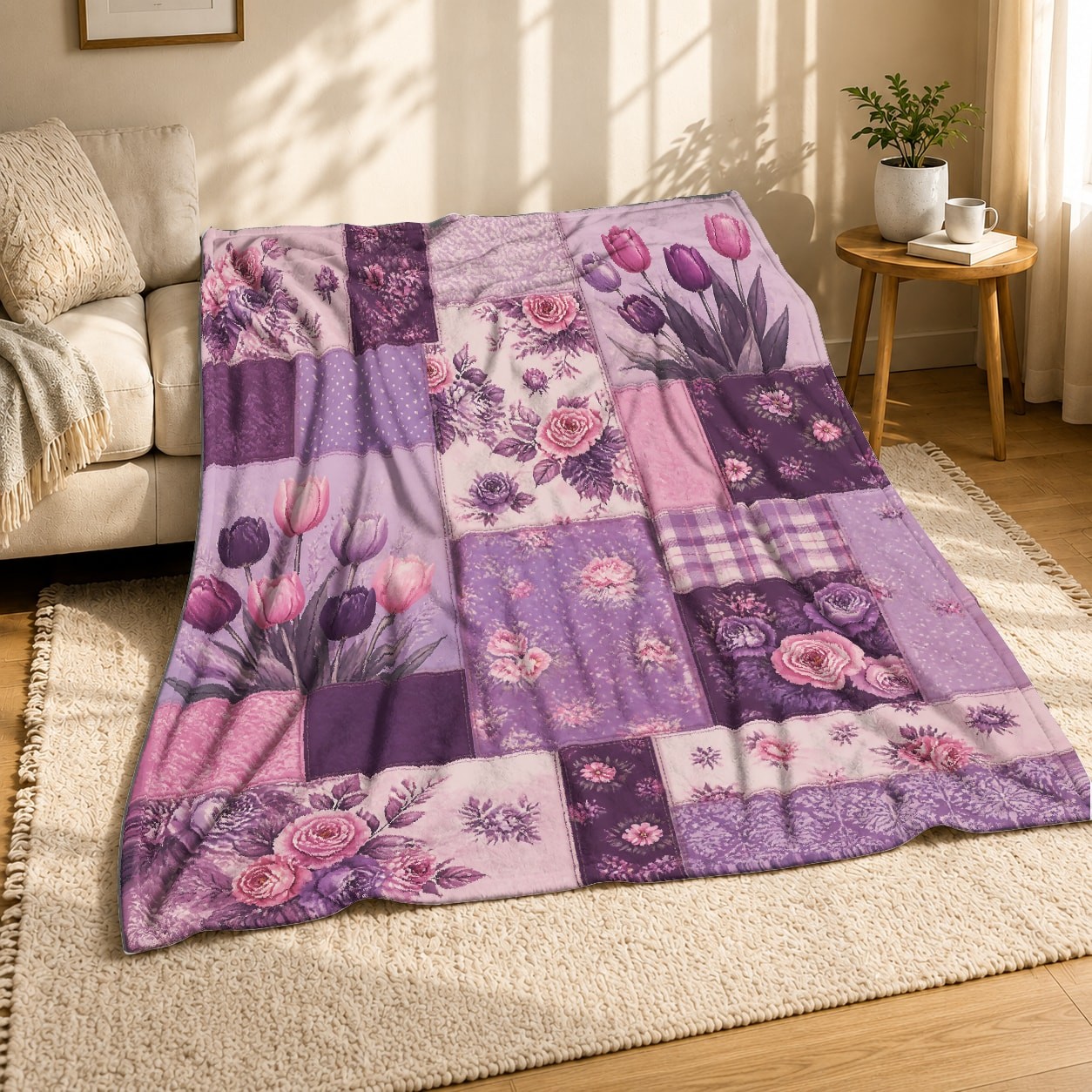 Lavender Floral Patchwork Coral Fleece Blanket Quilt Style