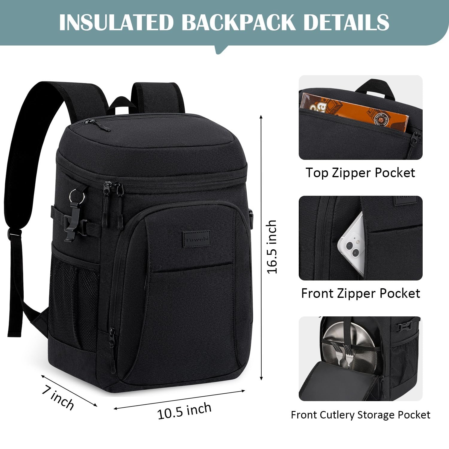 Tuwubi Cooler Backpack 35 Cans, Coolers Insulated Leak Medium, Black