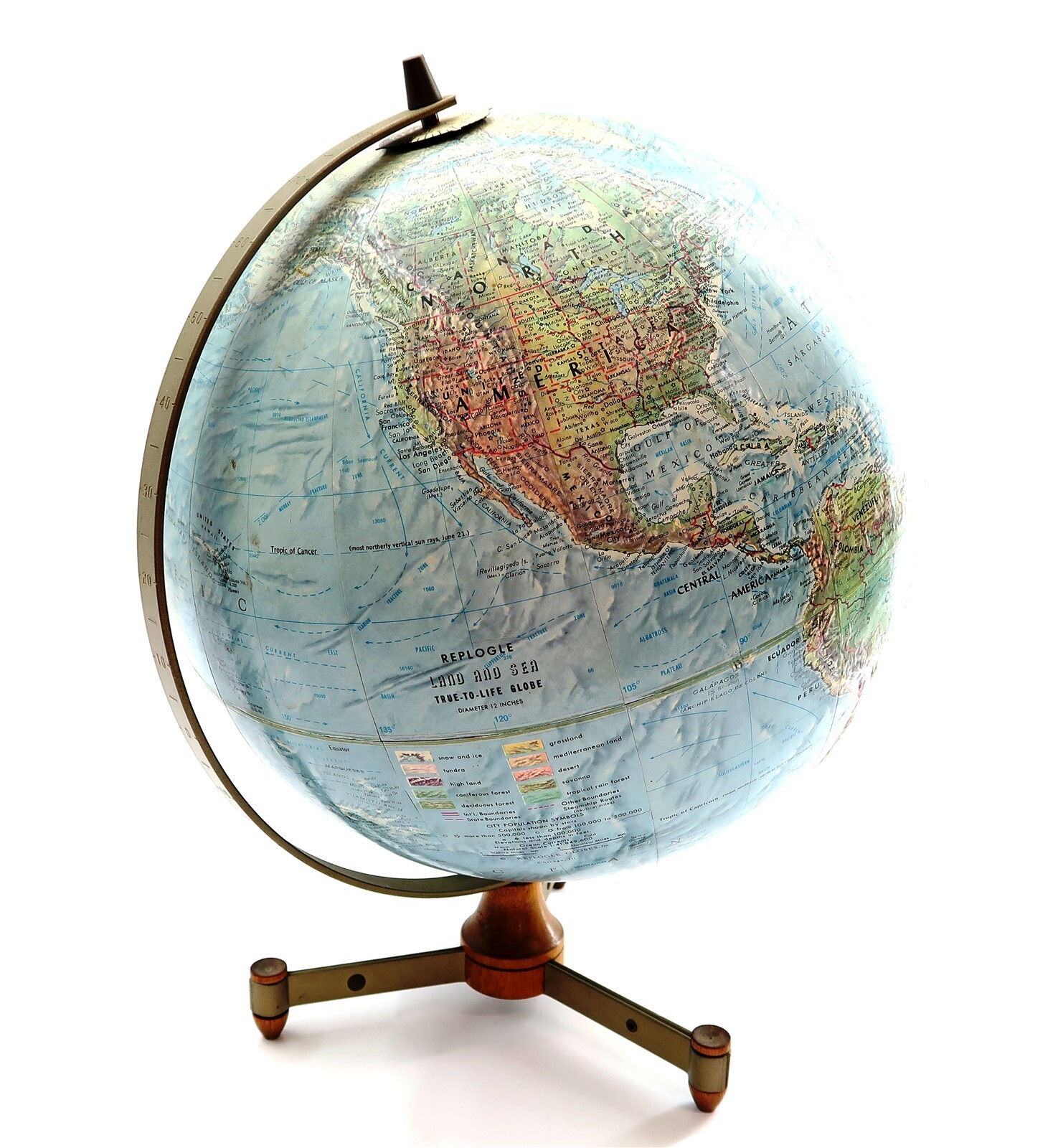 REPLOGLE 12" Globe Land And Sea True to Life Raised Relief w/ Tri-Footed Stand