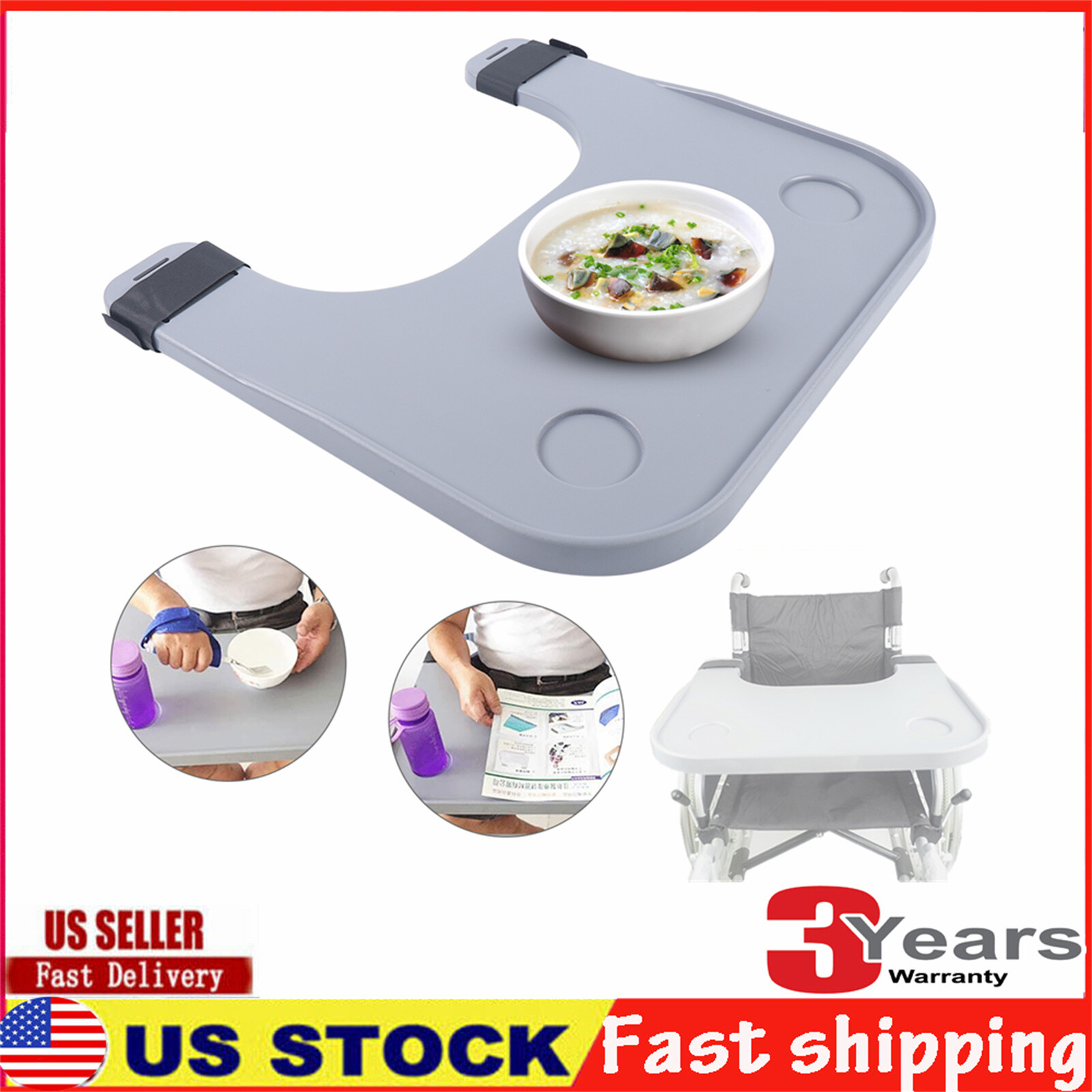 Removable Wheelchair Lap Tray Table w/ 2 Cup Mug Holder Fit Eating Reading Table