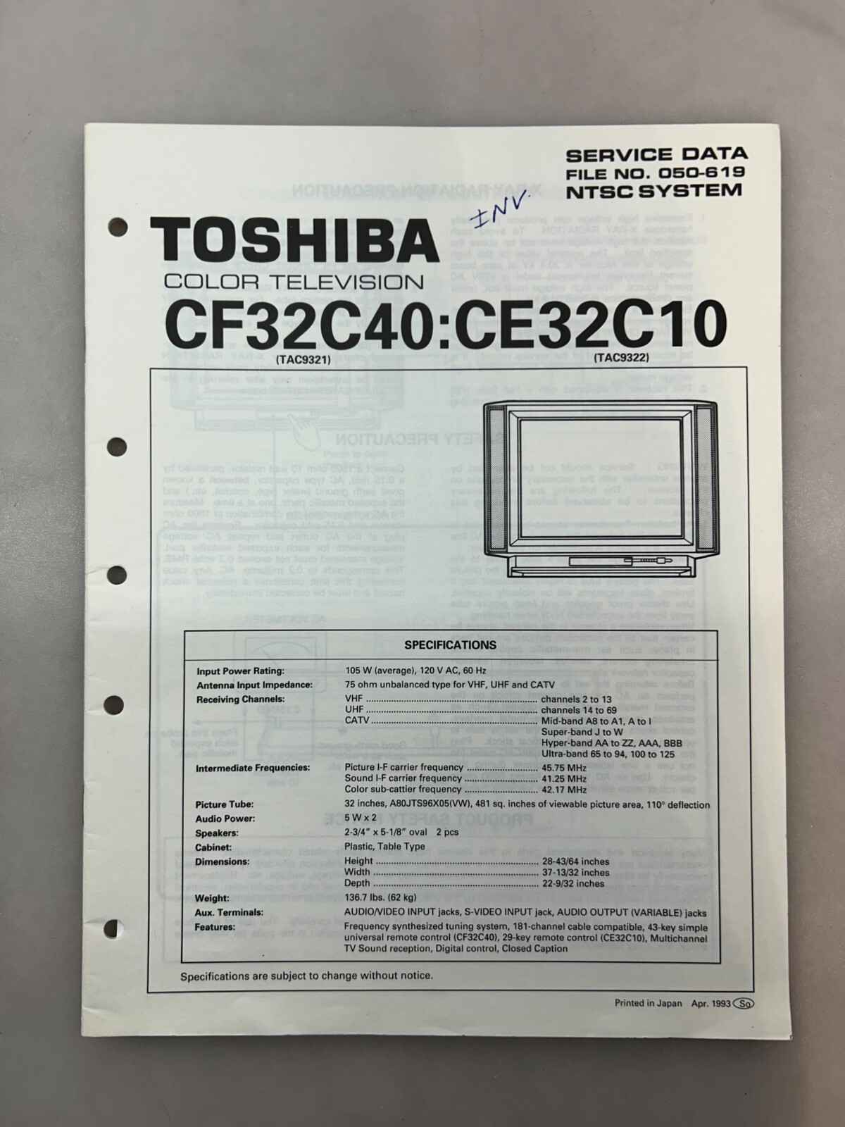 Toshiba CF32C40 CE32C10 Original Service Manual Free Shipping