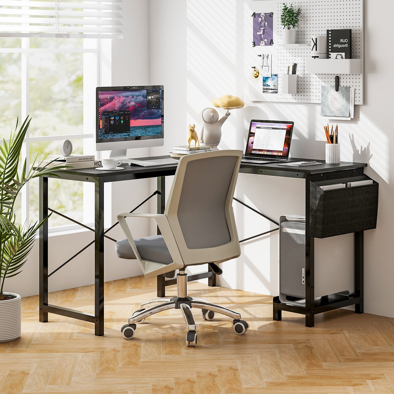 L-shaped Office Desk Corner Gaming Table w/ Storage Pocket & CPU Stand Dark Gray