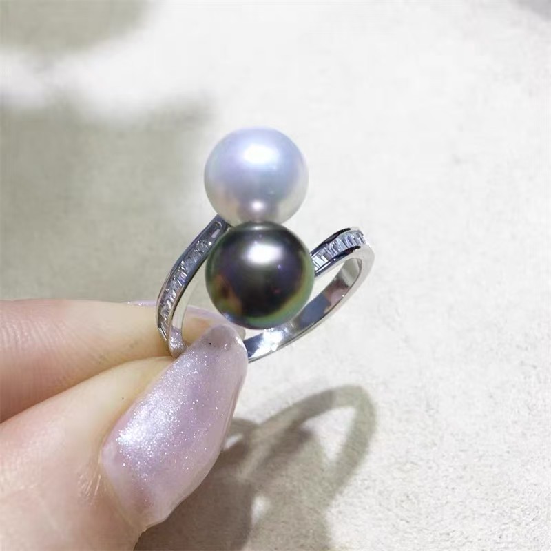 Charming 9-10mm Natural South Sea Genuine Black White Pearl Ring 6628AAAA
