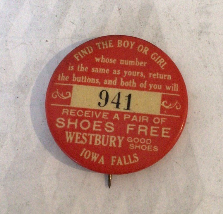 Vintage Westbury Shoes Iowa Falls ,Iowa Promotional Button Win Free Shoes