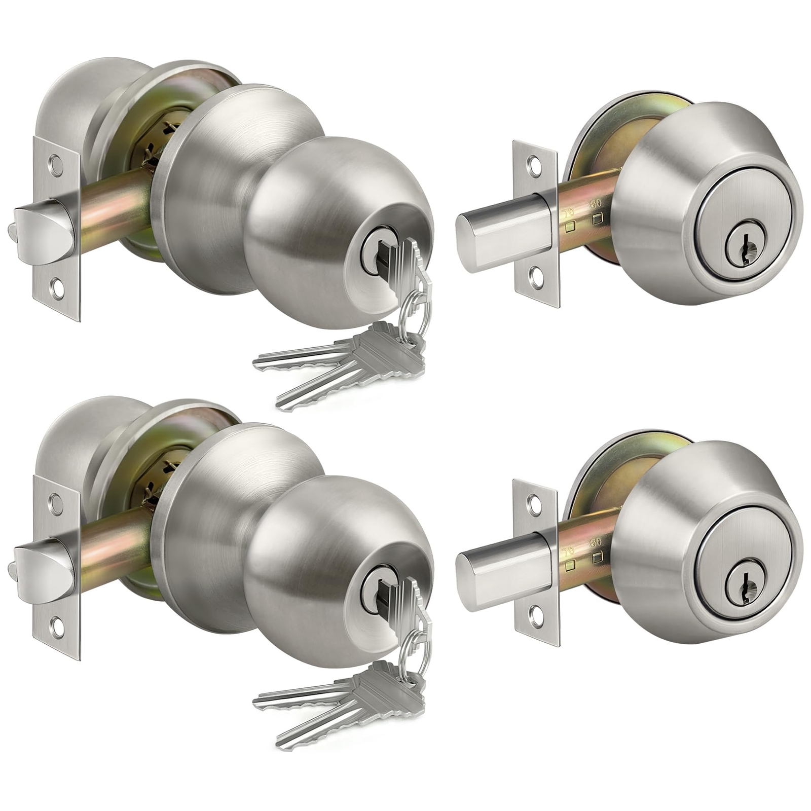 2 Pack Keyed Same Exterior Door Knobs and Single Cylinder Deadbolts Combo Set