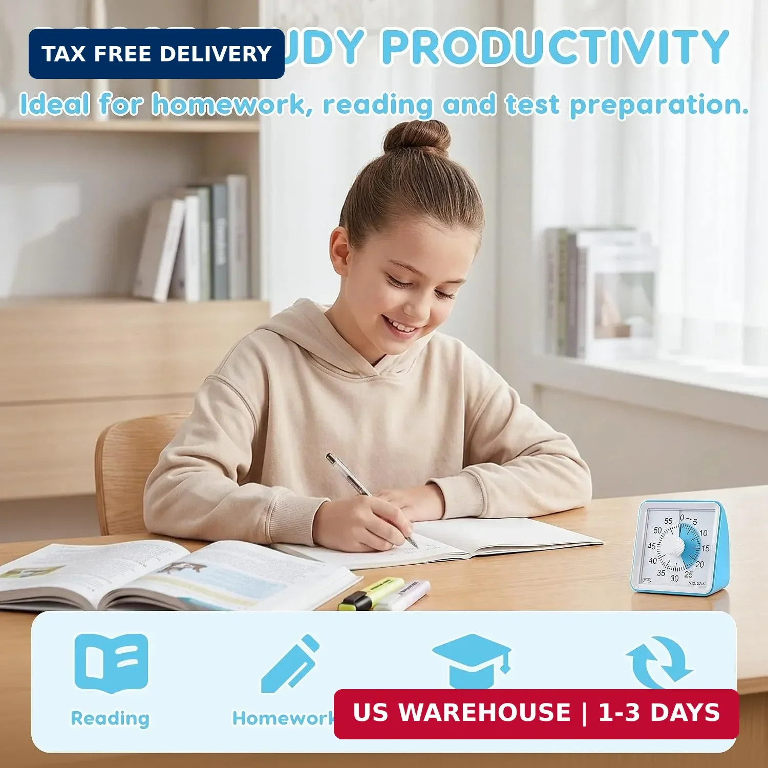 Secura Visual Timer for Kids, 60 Minute Classroom Countdown Timer for Study | No