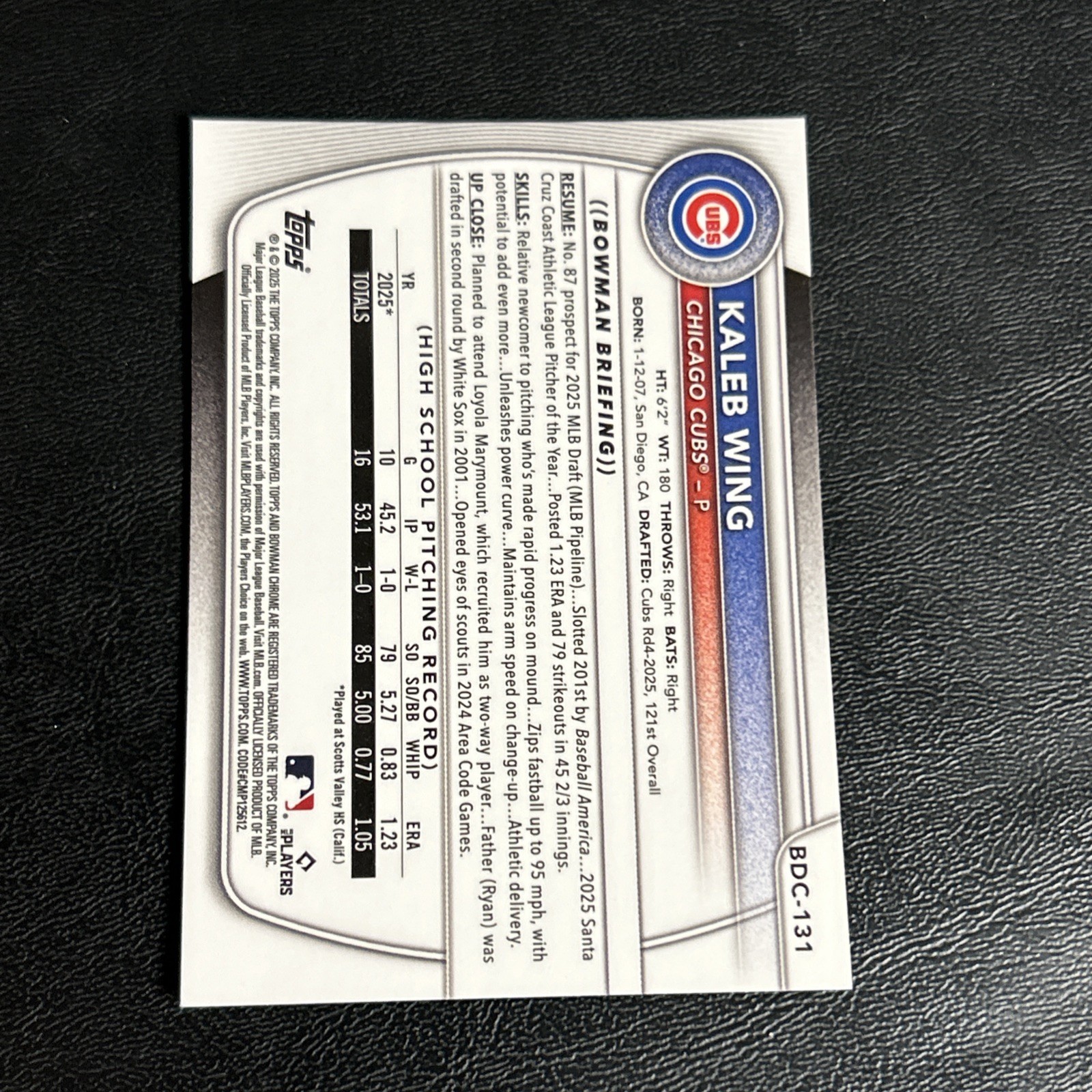 2025 Bowman Chrome Draft Kaleb Wing 1st Chicago Cubs