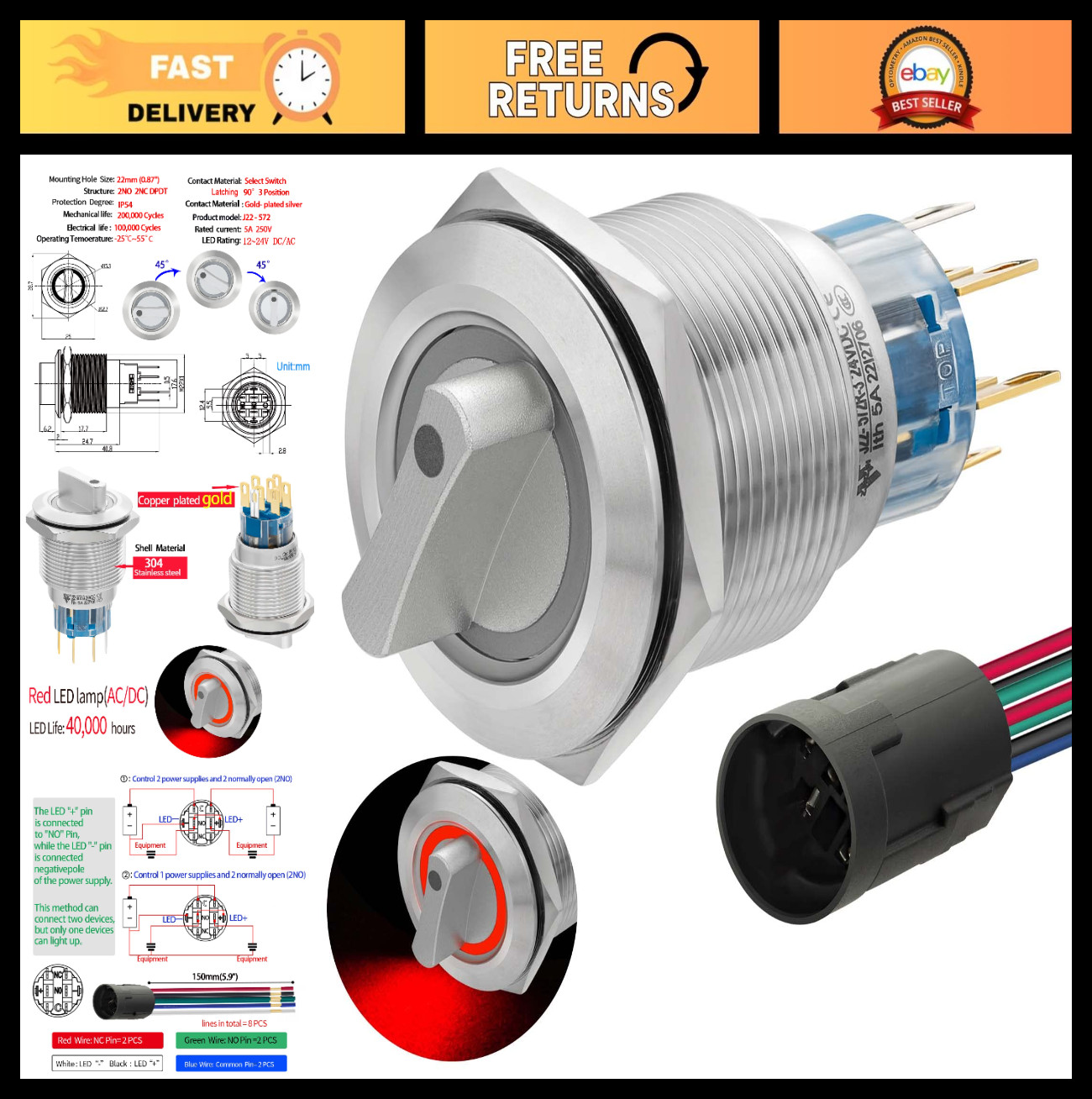 3-Position Rotary Switch 22mm 12V-24V DC/AC, Latching 5A 2NO 2NC, Red LED