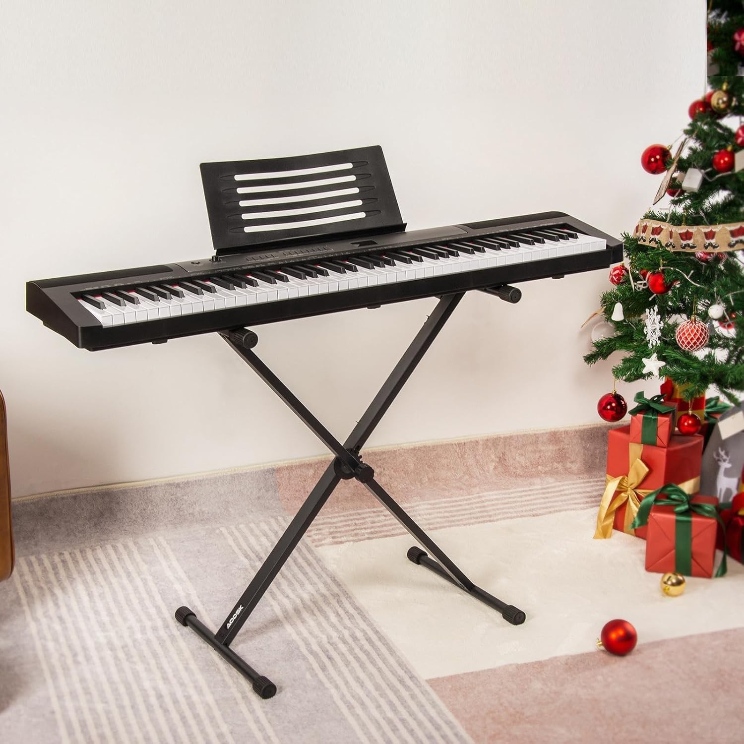 AODSK Single X Black Keyboard Stand Adjustable Height Width w/ Locking Straps