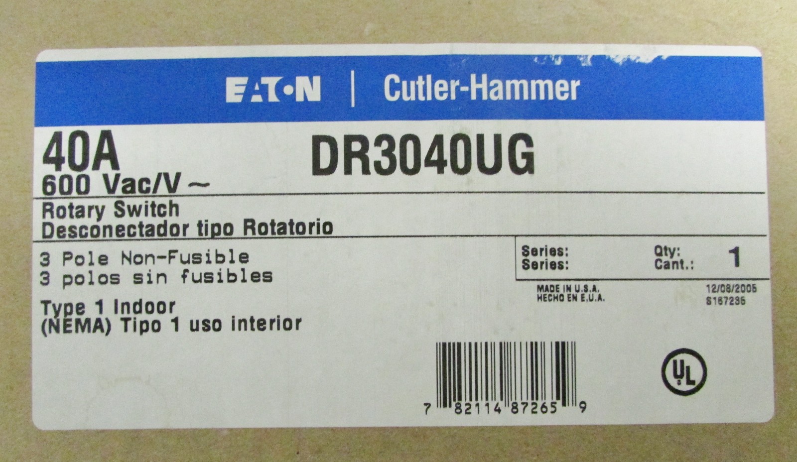 EATON CUTLER HAMMER Rotary Switch 3 Pole 40 Amp DR3040UG