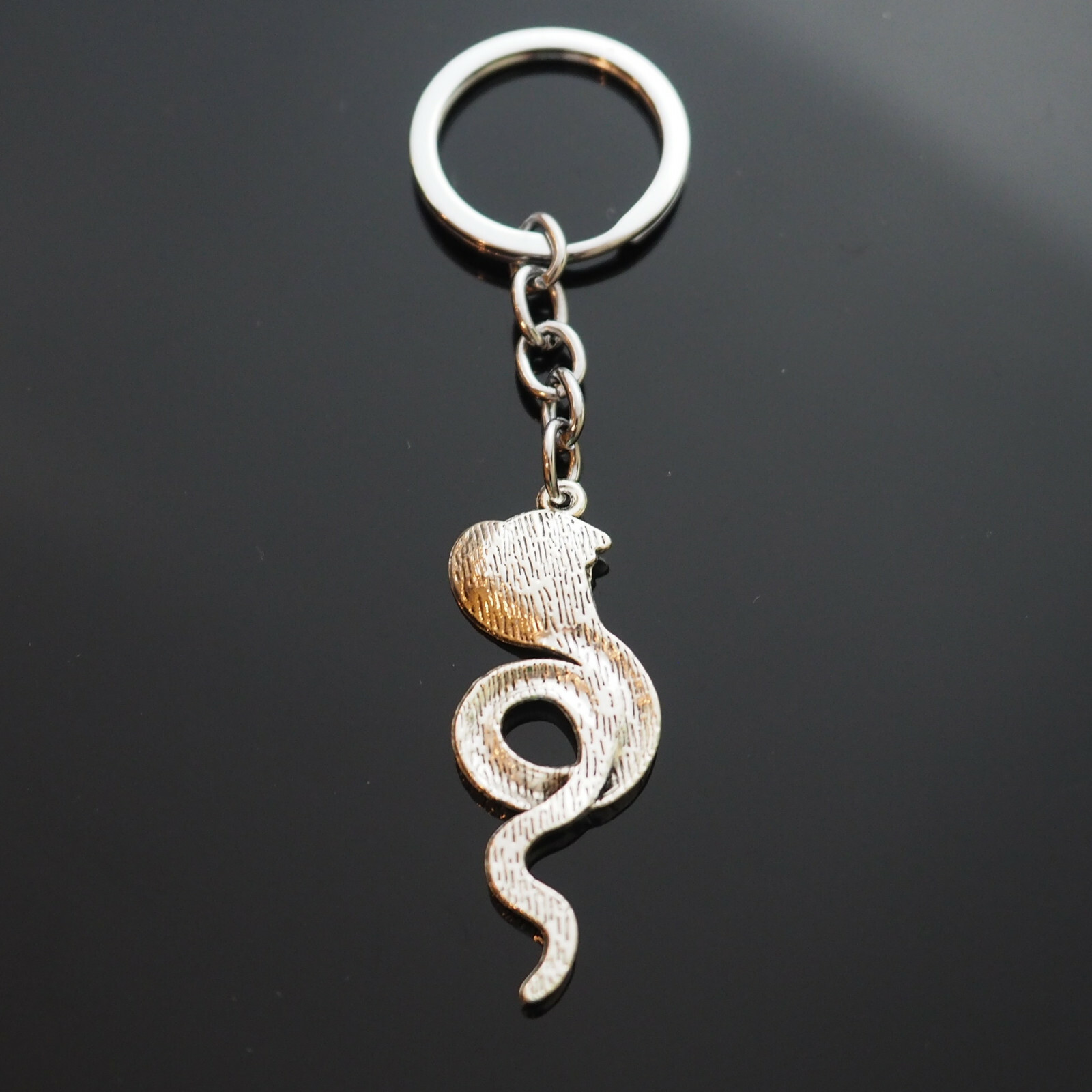 King Cobra Snake Coiled Lover Silver Charm Pendant Keychain Gift