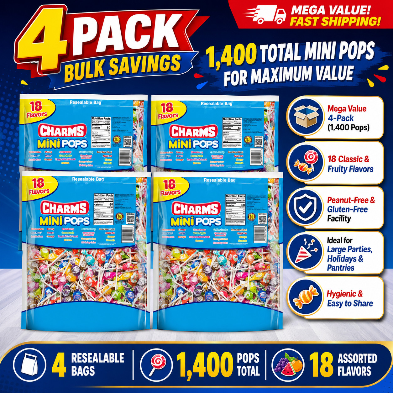 4 Pack Charms Mini Pops, Assorted Flavors, 350-count