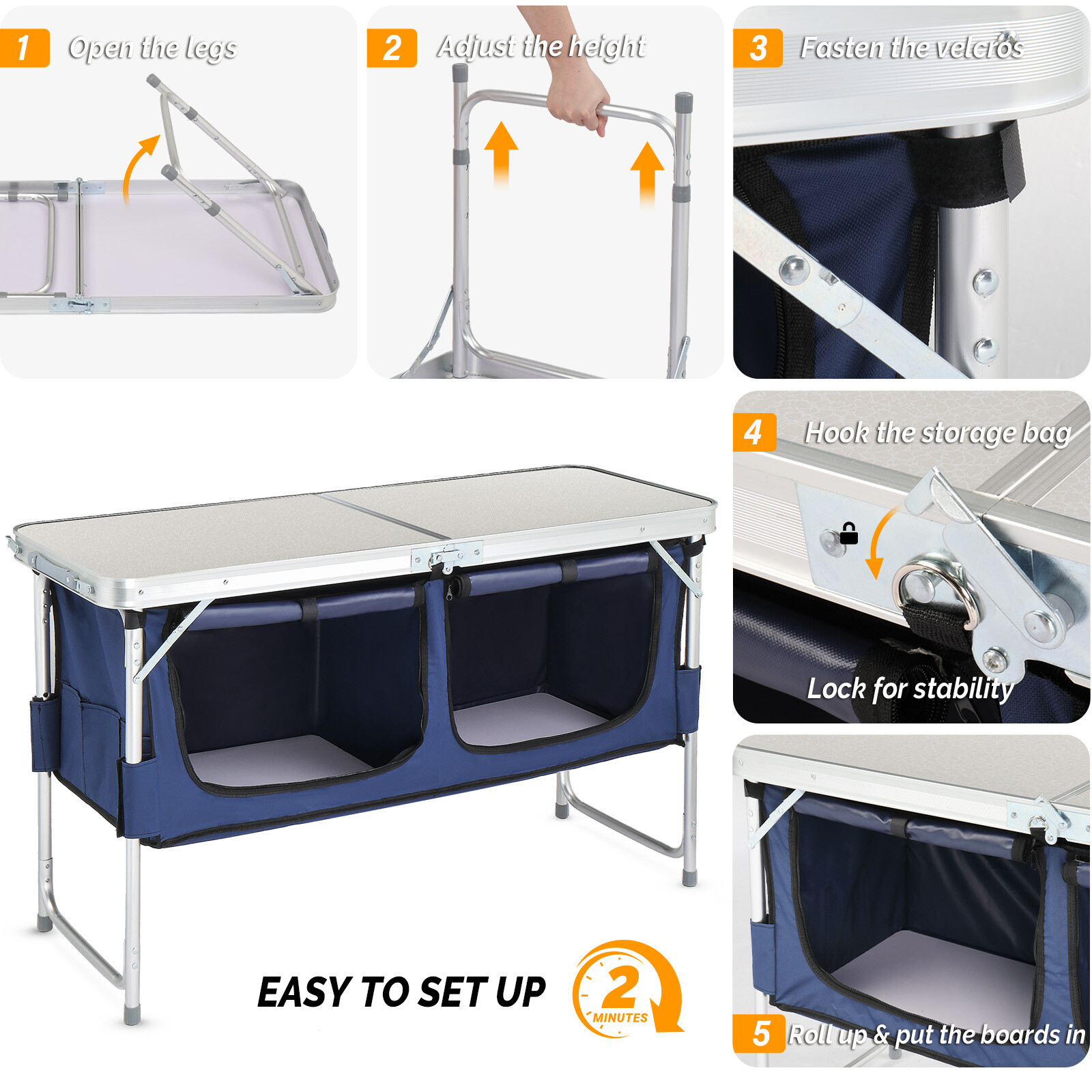 4ft Portable Camping Table with Oxford Storage Organizer 3-Height Adjustable NEW