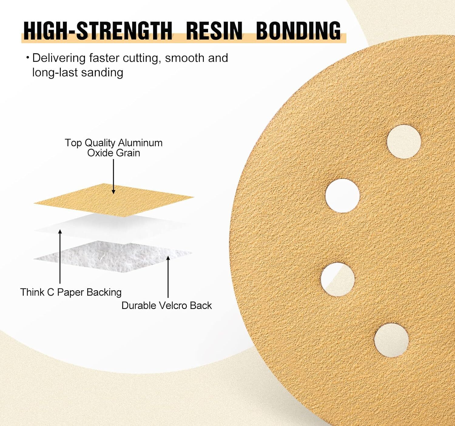 200PCS 5 In 8 Hole Gold Sanding Disc Hook Loop100 Grit for Random Orbital Sander