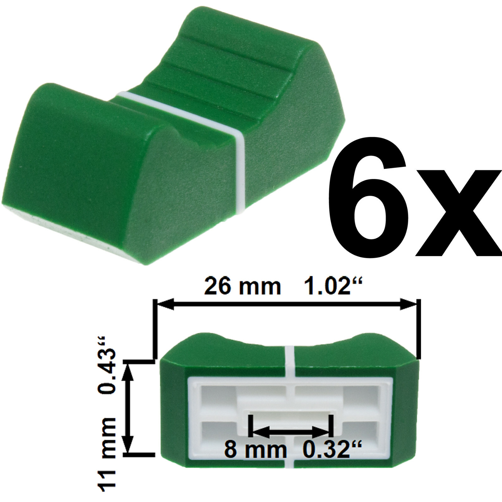 Sifam 6x FADER KNOBs CAP GREEN fit 8 mm slide potentiometer replacement pot