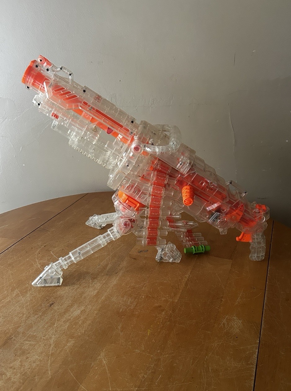 NERF VULCAN EBF-25 DART BLASTER CLEAR GUN WITH TRIPOD & AMMO BELT WORKS