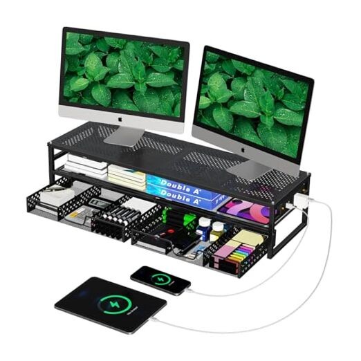 2 Tier Metal Monitor Stand Riser with USB 2.0 and Charging Prot , Computer