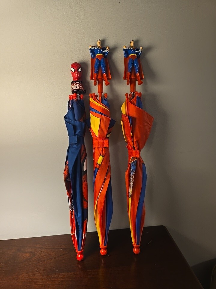 3 VINTAGE Kids Umbrellas Superman 2 And 1 Spiderman Umbrella DC comics