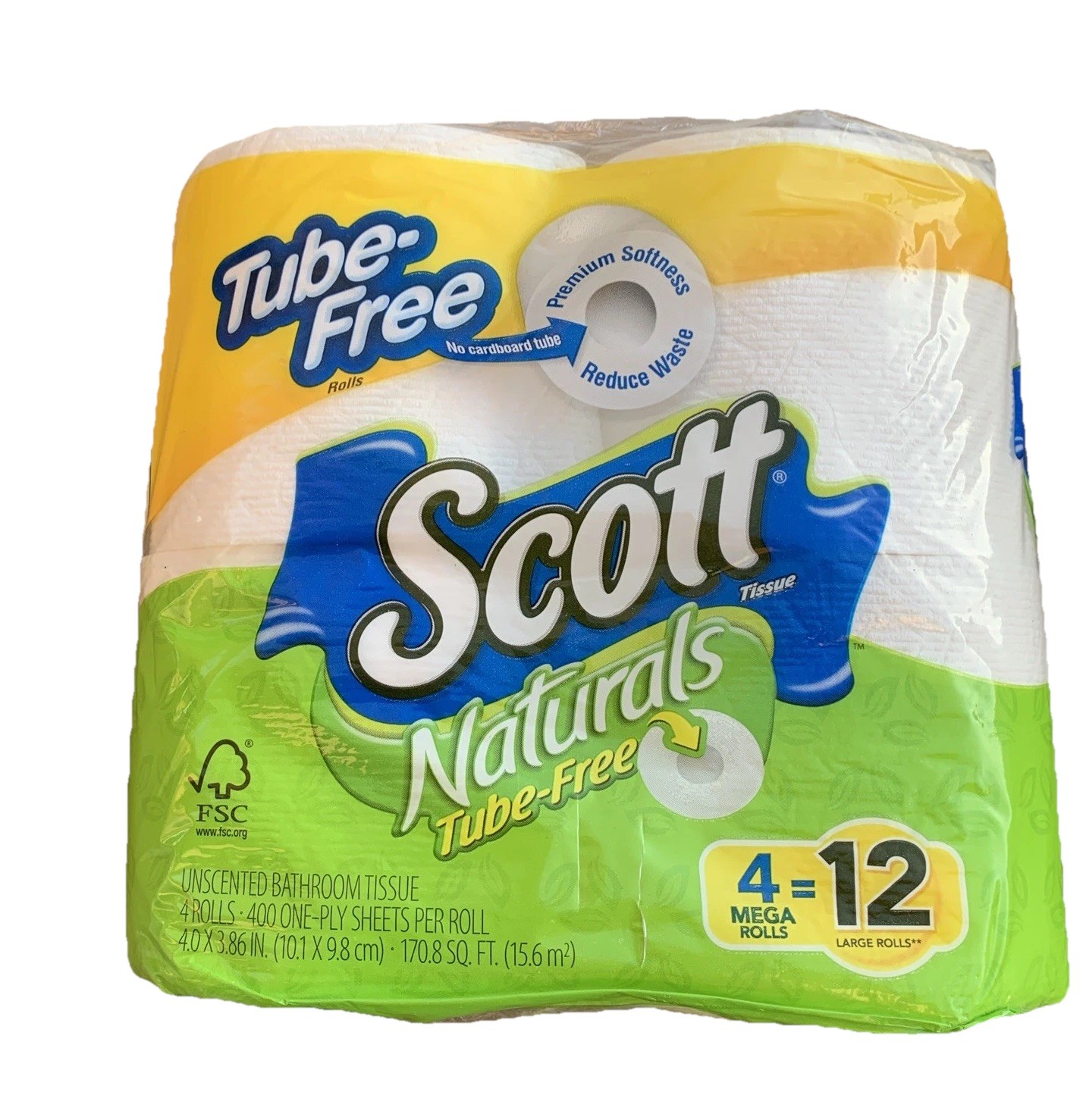 4 Rolls Scott Tube Free Septic Safe Toilet Paper DISCONTINUED 1-Ply Double Rolls