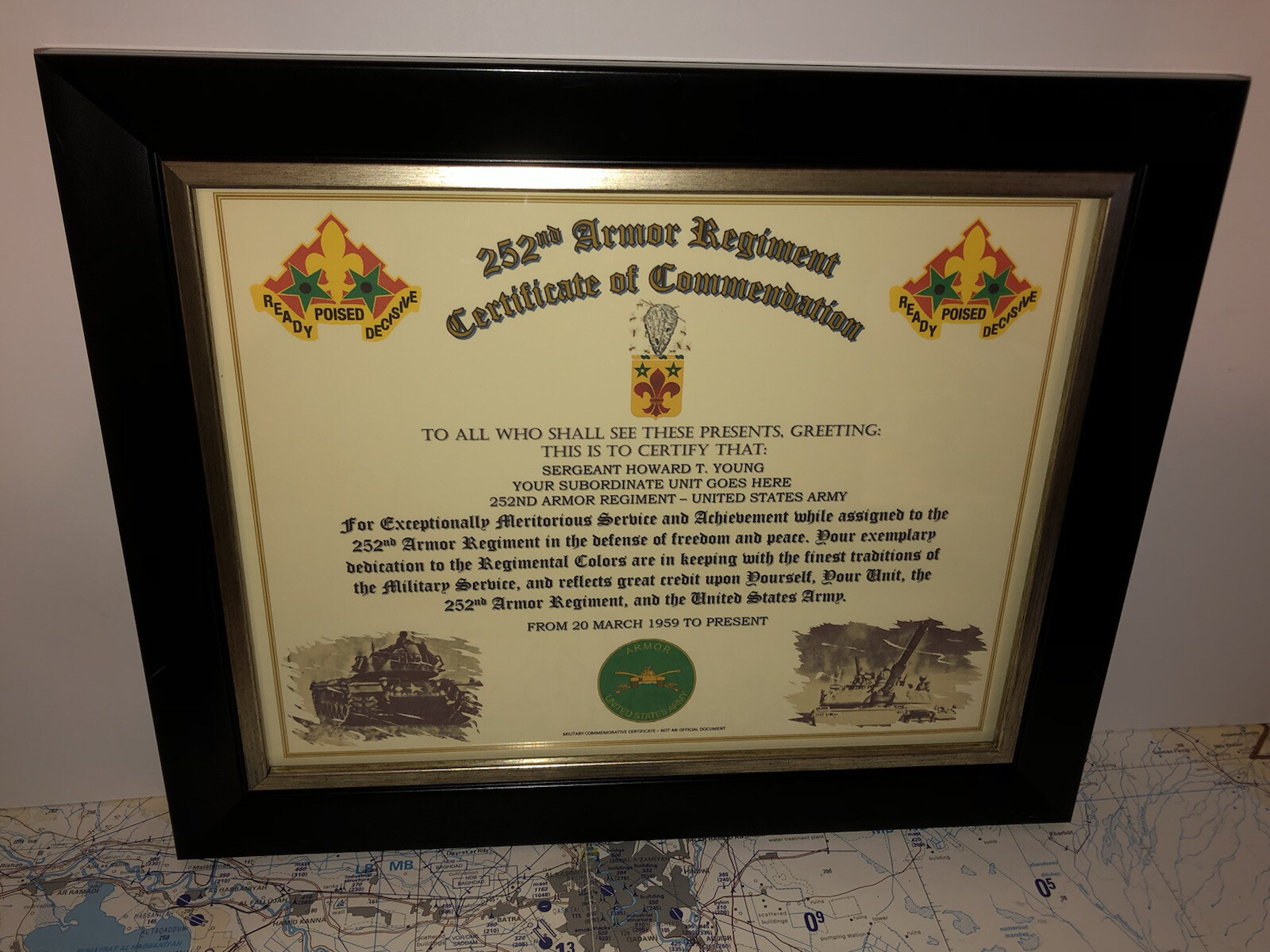 252ND ARMORED REGIMENT / COMMEMORATIVE - CERTIFICATE OF COMMENDATION