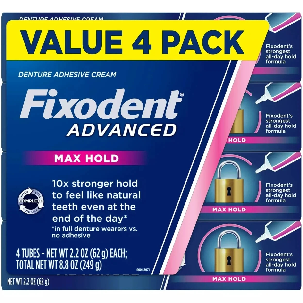 FIXODENT  ADVANCED  MAX HOLD DENTURE ADHESIVE CREAM 4 TUBES 2.2-OZ (62.4g) EA