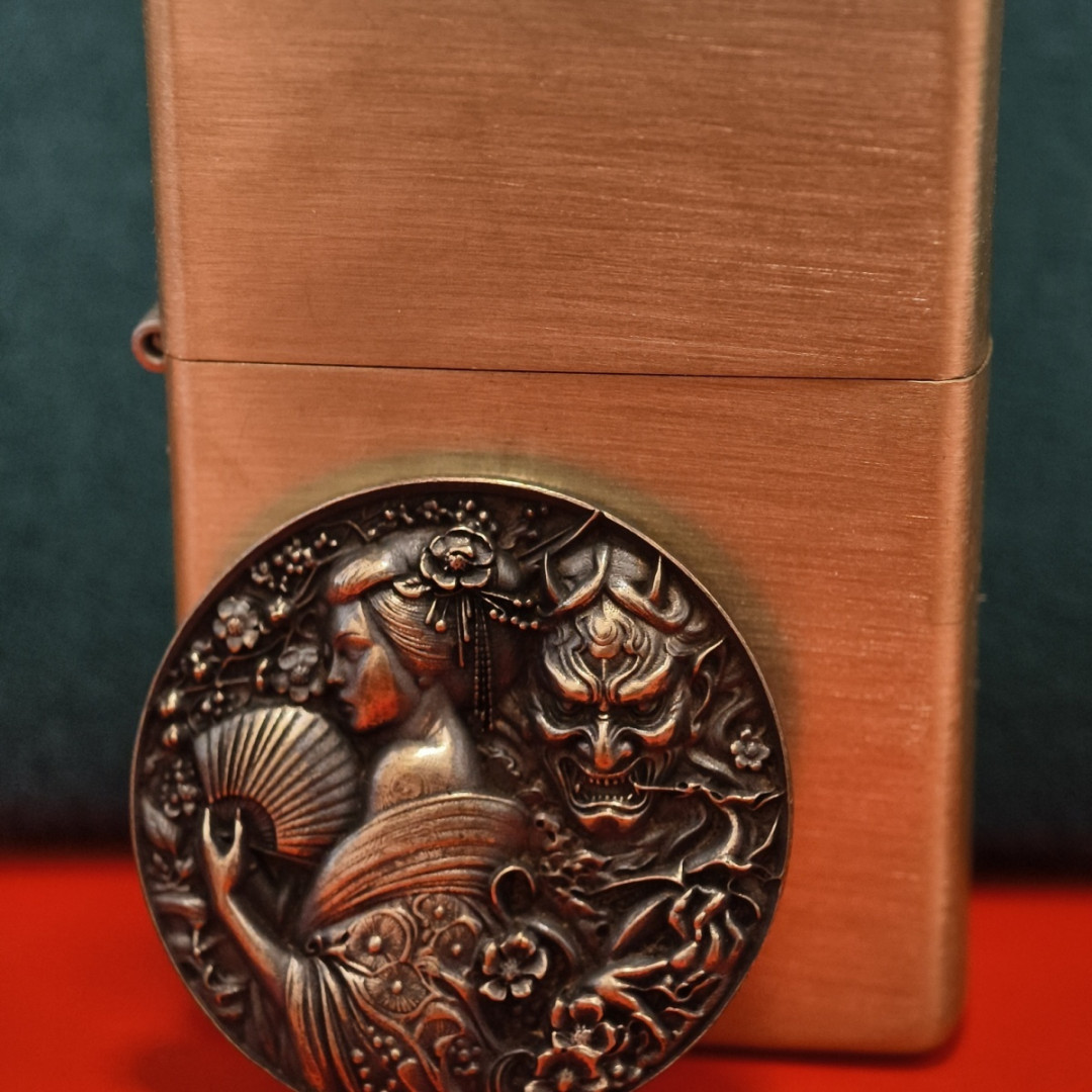 Brass Artisan Round Tag Geisha and Demon Kerosene Lighter Decal