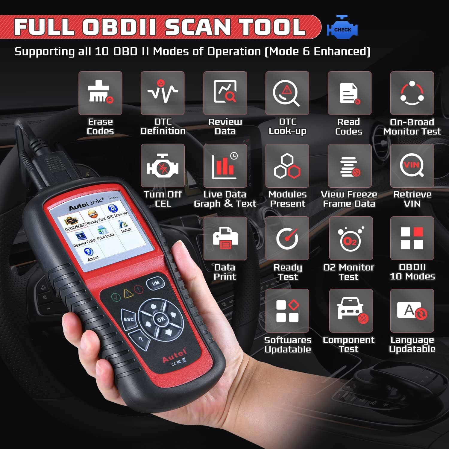 Autel AutoLink AL519 OBD2 Scanner Enhanced Mode 6 Check Engine Code Reader DTC