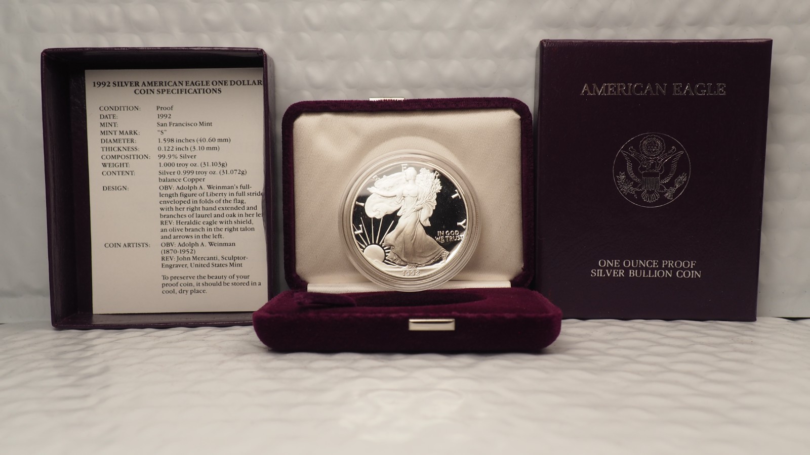 1992-S $1 AMERICAN SILVER PROOF EAGLE w/OGP & COA - FREE SHIPPING!
